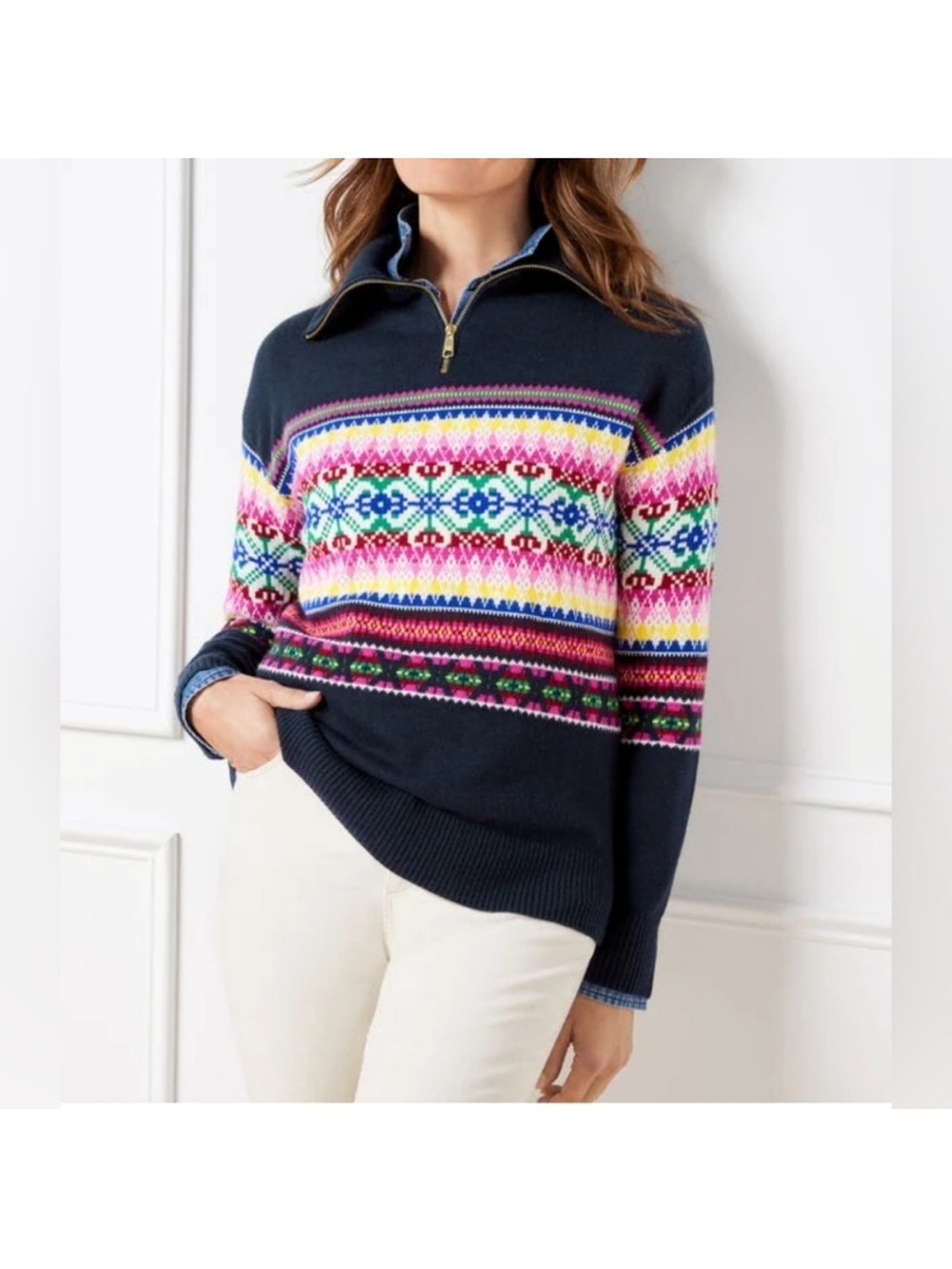 TALBOTS Fair Isle 1/4 Zip Knit Sweater Size 2X Petite